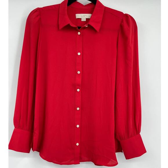 Loft Womens Red Balloon Sleeve Button Down Shirt Career Work Top Size Petite XS - Picture 1 of 9